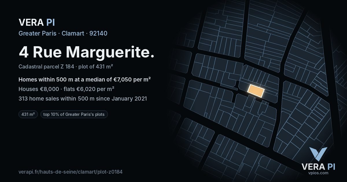 4 Rue Marguerite, Clamart at night – the plot lit, the parcels around coloured by the prices near them