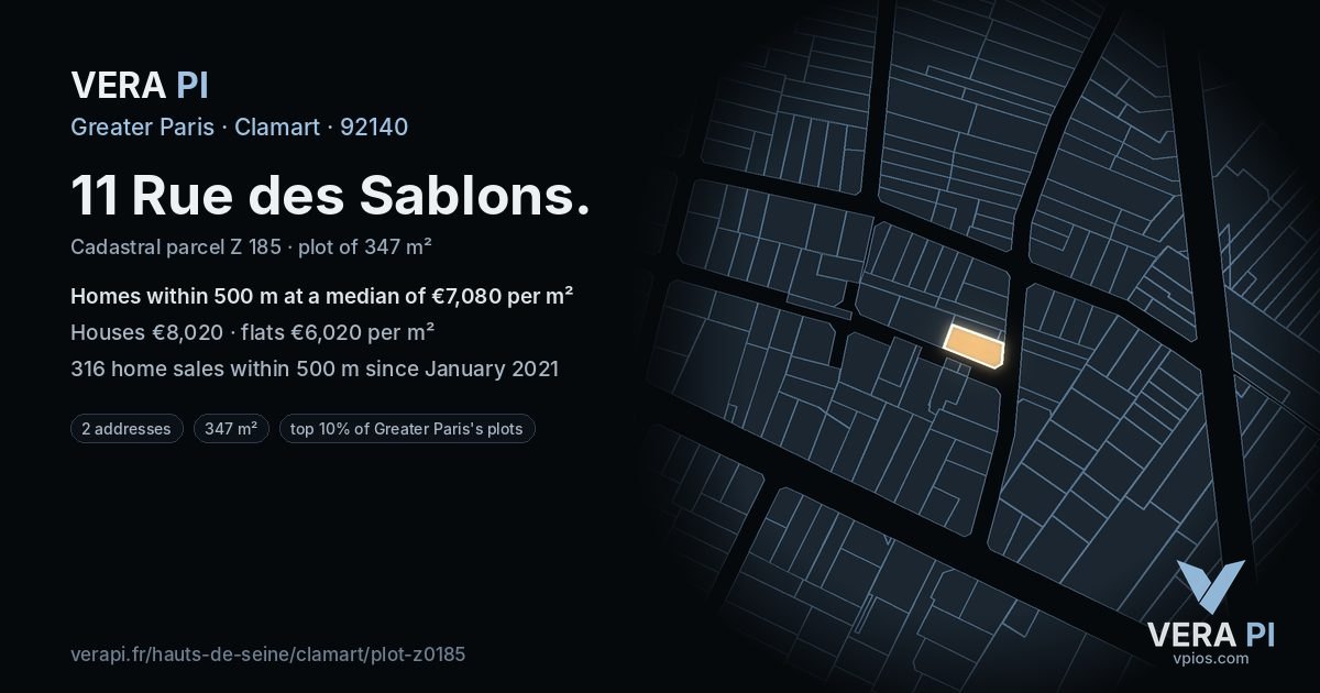 11 Rue des Sablons, Clamart at night – the plot lit, the parcels around coloured by the prices near them