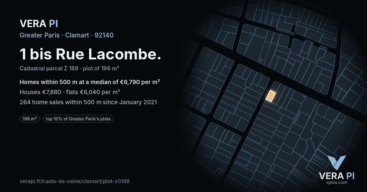 1 bis Rue Lacombe, Clamart at night – the plot lit, the parcels around coloured by the prices near them