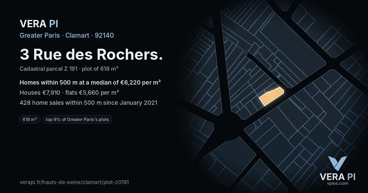 3 Rue des Rochers, Clamart at night – the plot lit, the parcels around coloured by the prices near them