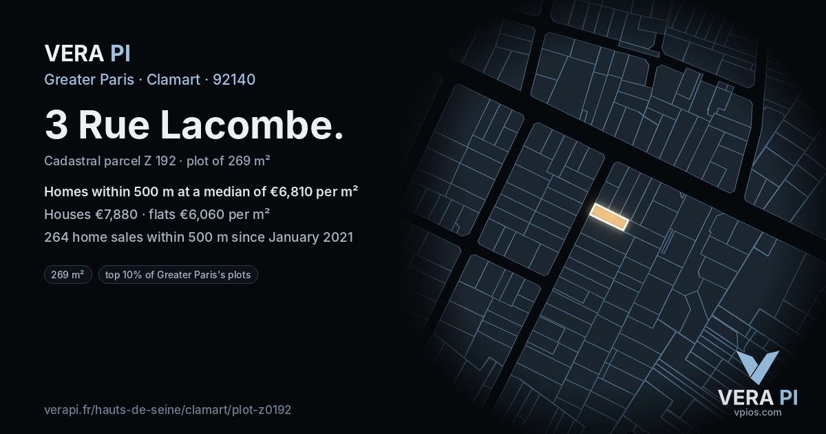 3 Rue Lacombe, Clamart at night – the plot lit, the parcels around coloured by the prices near them
