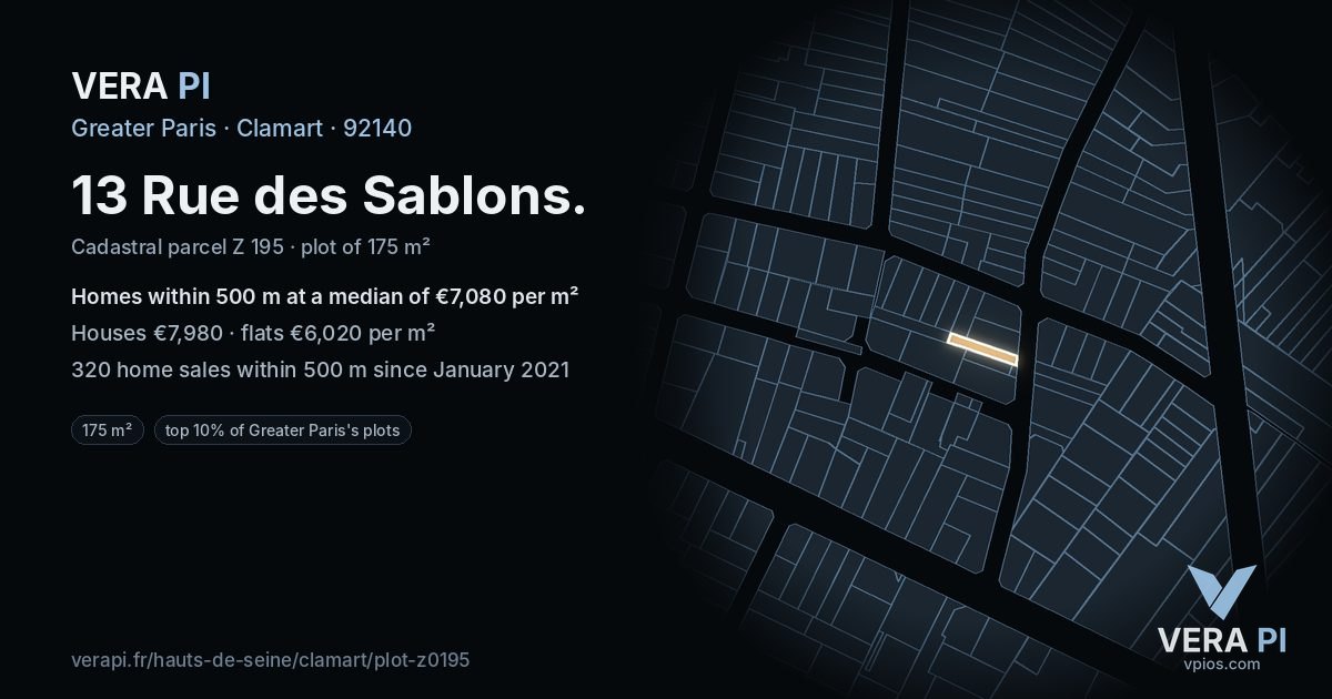 13 Rue des Sablons, Clamart at night – the plot lit, the parcels around coloured by the prices near them