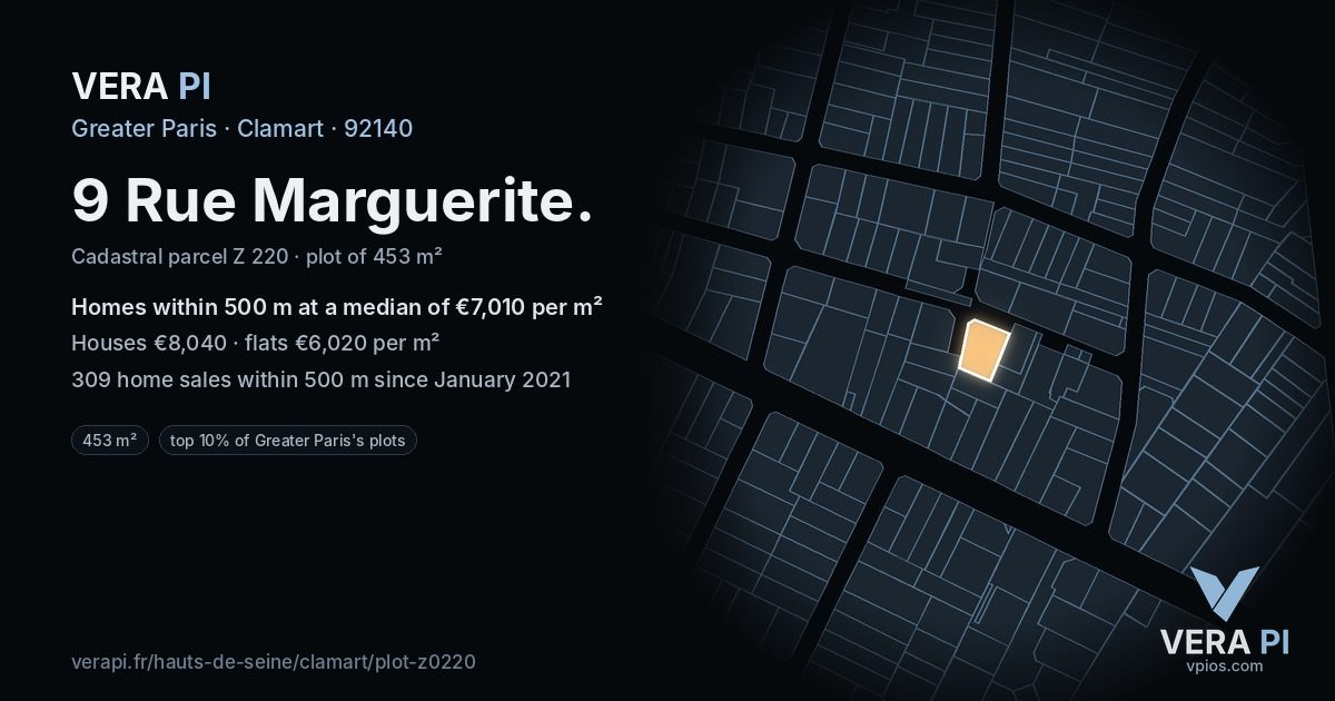9 Rue Marguerite, Clamart at night – the plot lit, the parcels around coloured by the prices near them