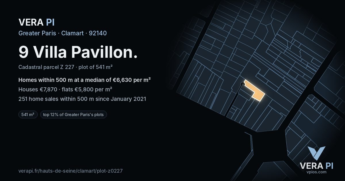 9 Villa Pavillon, Clamart at night – the plot lit, the parcels around coloured by the prices near them
