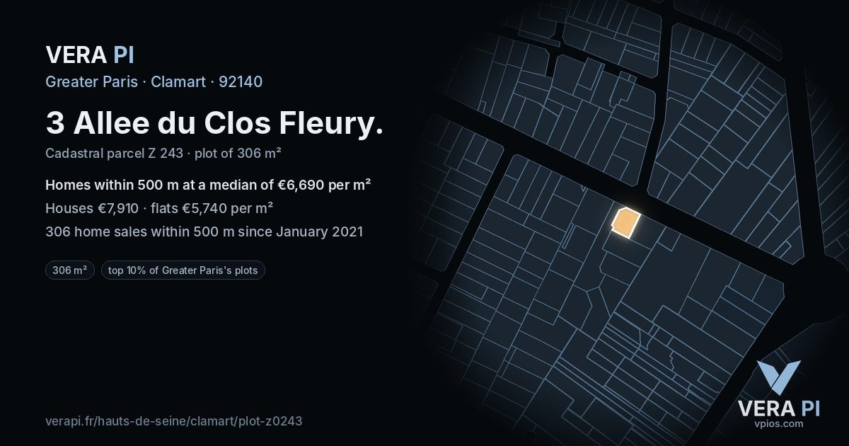 3 Allee du Clos Fleury, Clamart at night – the plot lit, the parcels around coloured by the prices near them