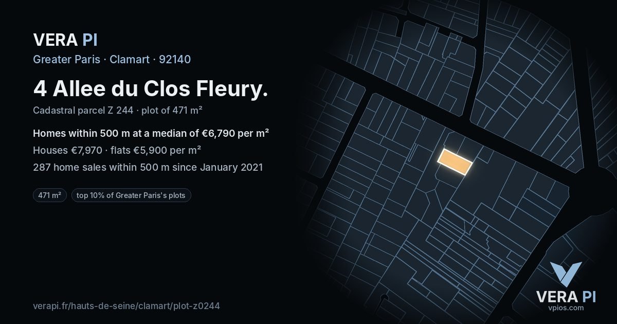 4 Allee du Clos Fleury, Clamart at night – the plot lit, the parcels around coloured by the prices near them