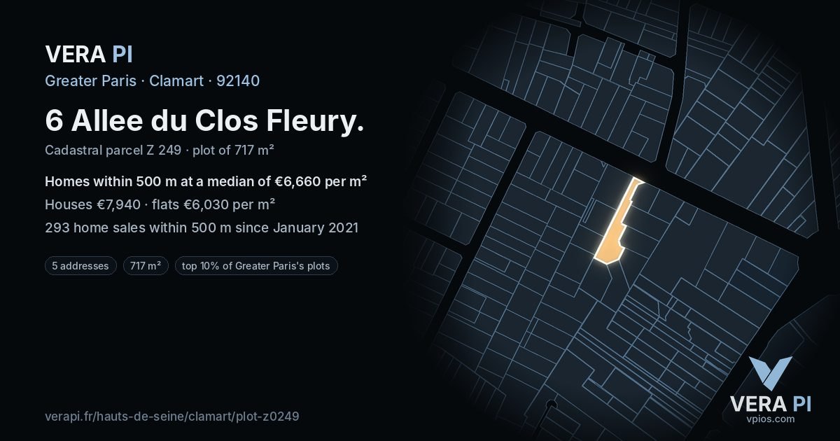 6 Allee du Clos Fleury, Clamart at night – the plot lit, the parcels around coloured by the prices near them