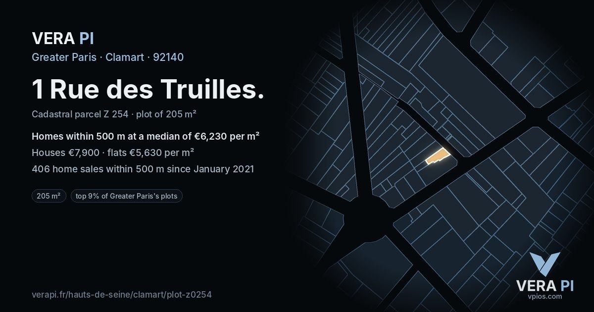 1 Rue des Truilles, Clamart at night – the plot lit, the parcels around coloured by the prices near them