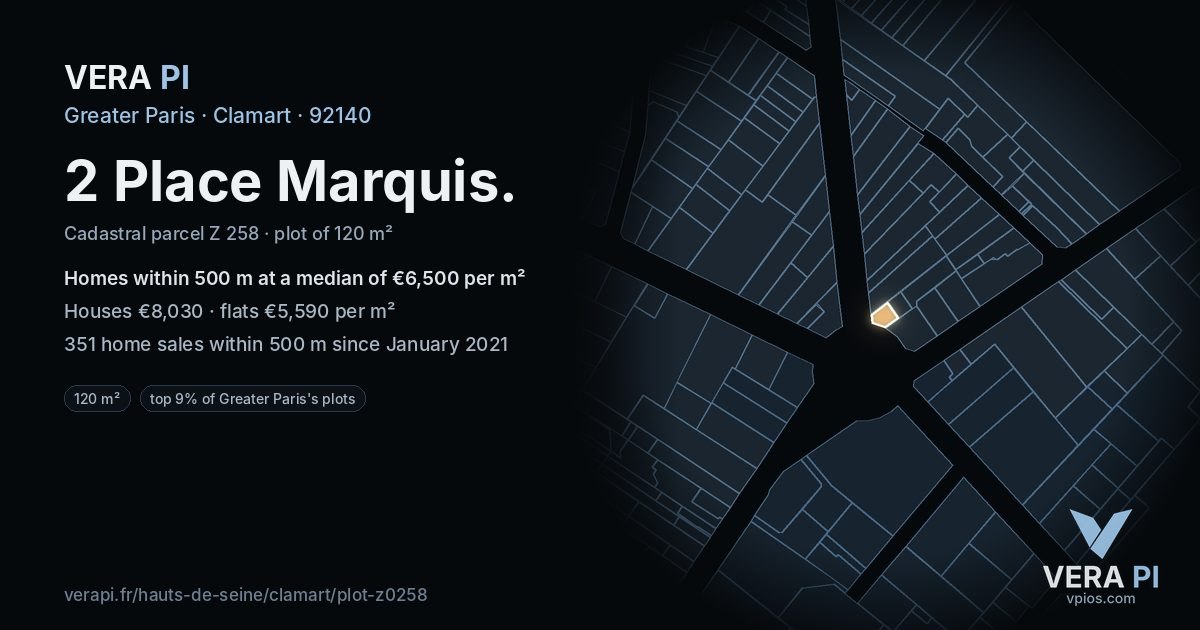 2 Place Marquis, Clamart at night – the plot lit, the parcels around coloured by the prices near them