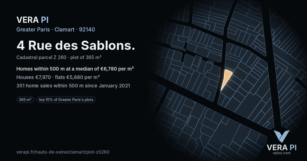 4 Rue des Sablons, Clamart at night – the plot lit, the parcels around coloured by the prices near them
