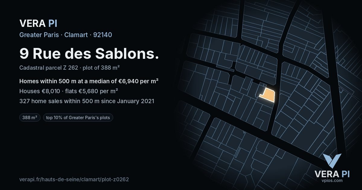 9 Rue des Sablons, Clamart at night – the plot lit, the parcels around coloured by the prices near them