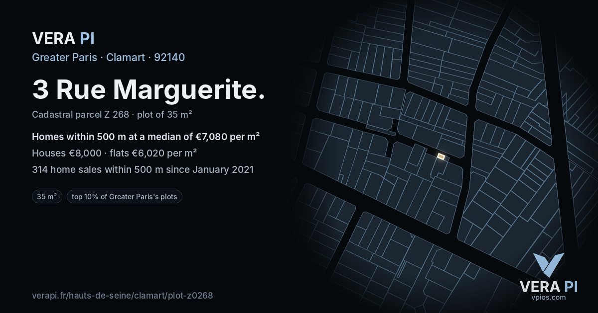 3 Rue Marguerite, Clamart at night – the plot lit, the parcels around coloured by the prices near them