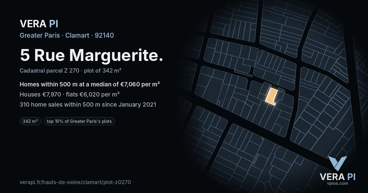 5 Rue Marguerite, Clamart at night – the plot lit, the parcels around coloured by the prices near them
