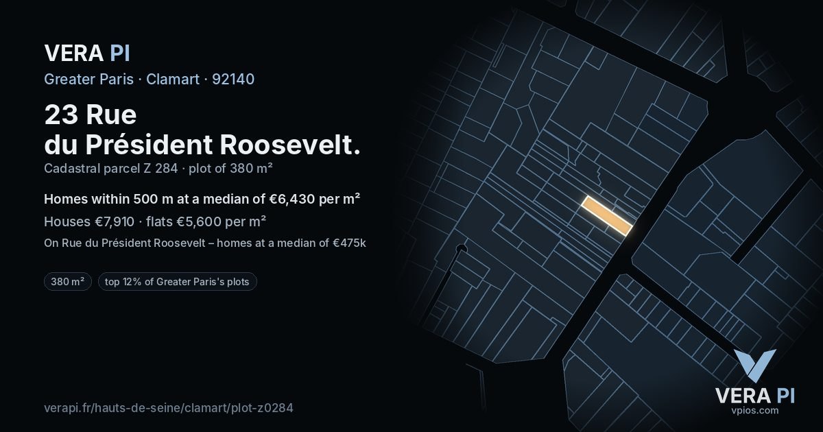 23 Rue du Président Roosevelt, Clamart at night – the plot lit, the parcels around coloured by the prices near them