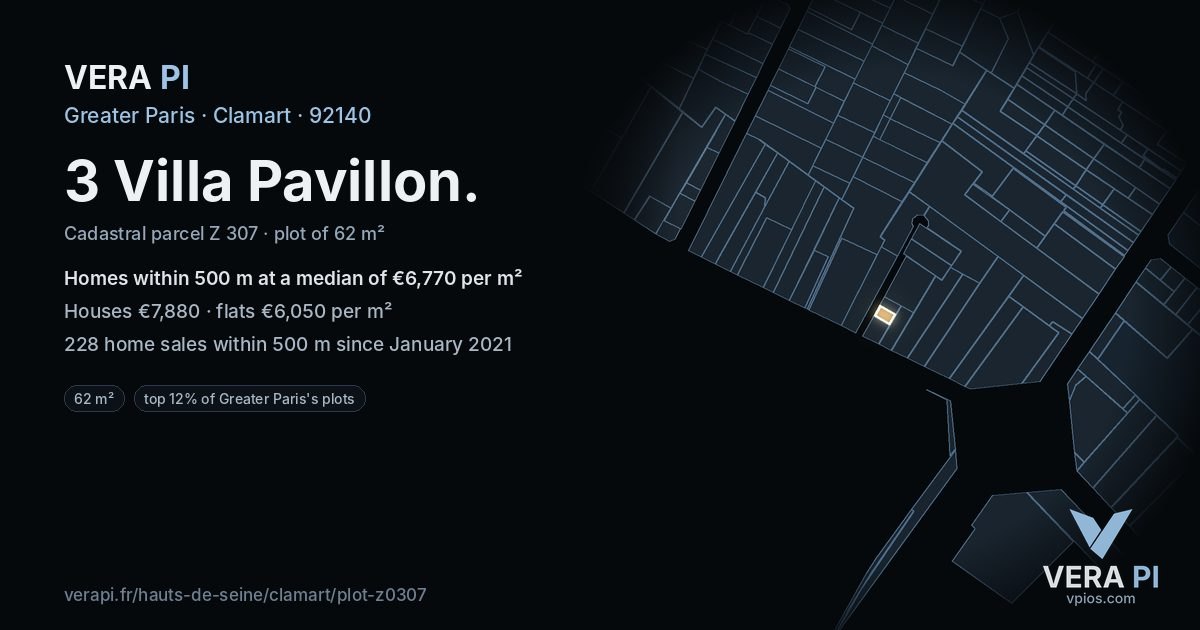 3 Villa Pavillon, Clamart at night – the plot lit, the parcels around coloured by the prices near them