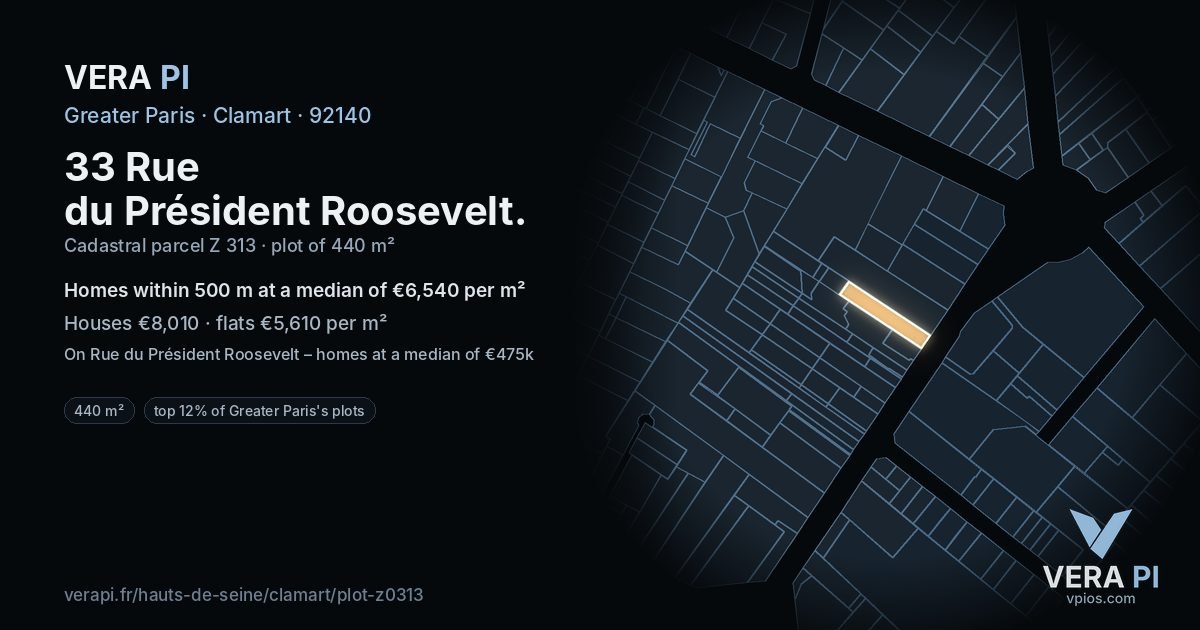 33 Rue du Président Roosevelt, Clamart at night – the plot lit, the parcels around coloured by the prices near them