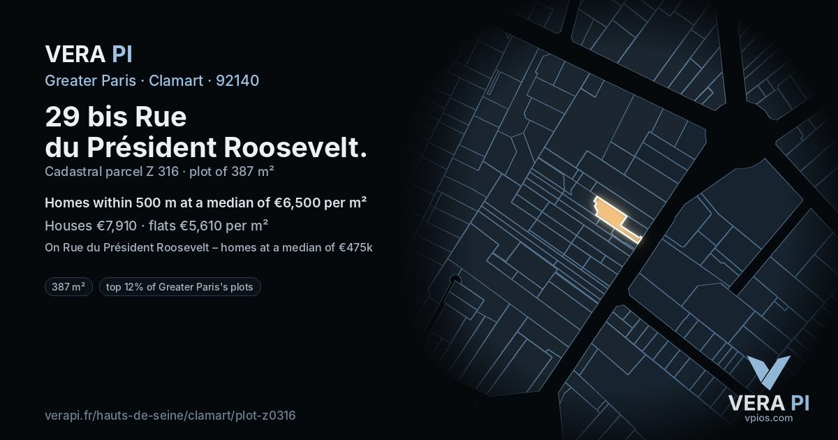 29 bis Rue du Président Roosevelt, Clamart at night – the plot lit, the parcels around coloured by the prices near them