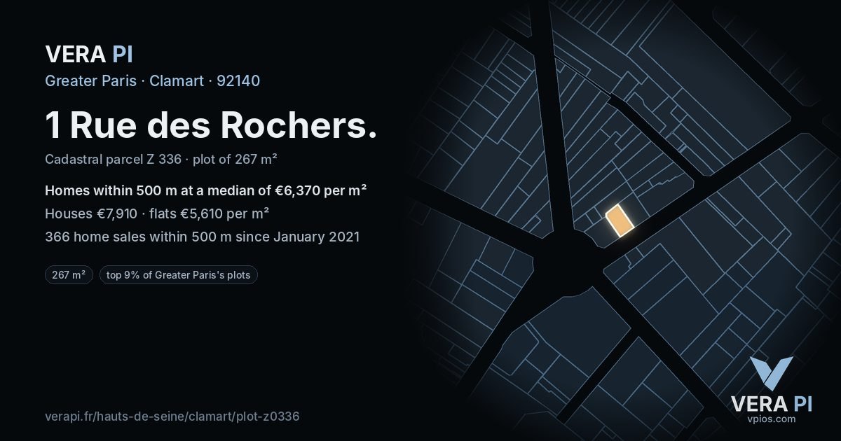 1 Rue des Rochers, Clamart at night – the plot lit, the parcels around coloured by the prices near them