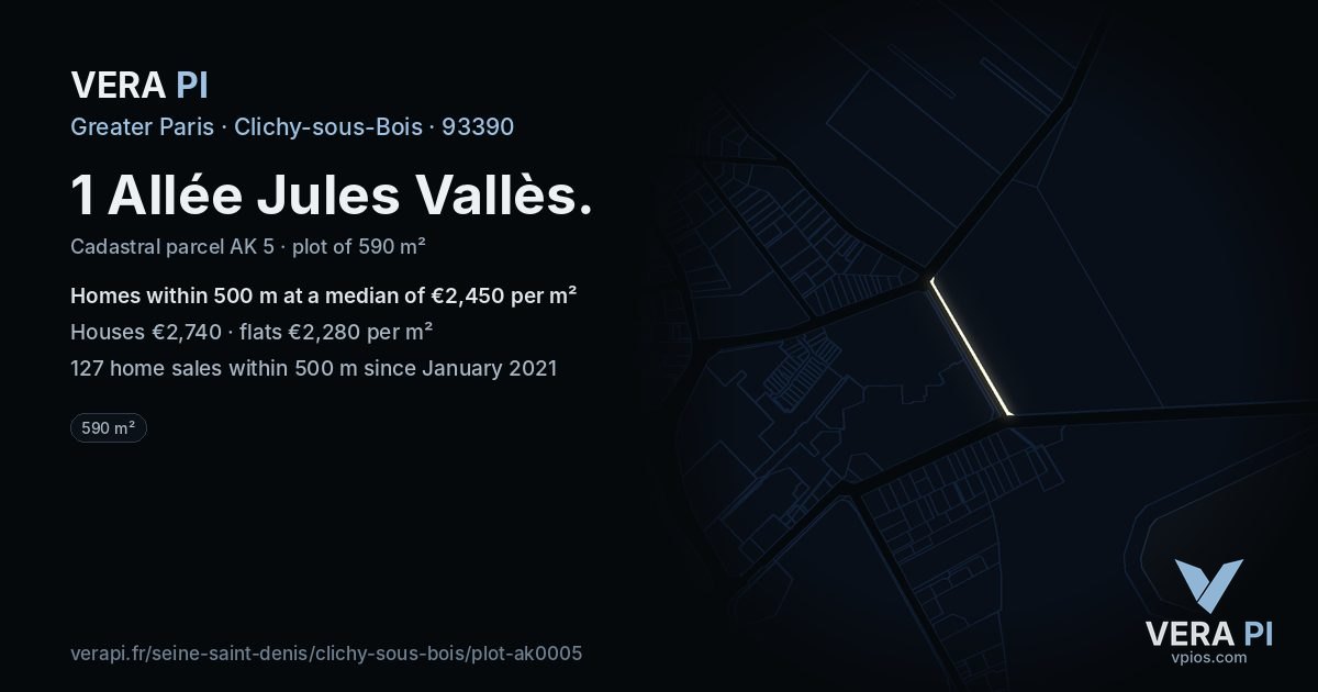 1 Allée Jules Vallès, Clichy-sous-Bois at night – the plot lit, the parcels around coloured by the prices near them