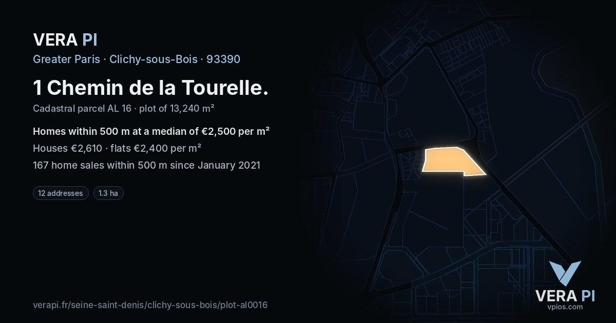 1 Chemin de la Tourelle, Clichy-sous-Bois at night – the plot lit, the parcels around coloured by the prices near them
