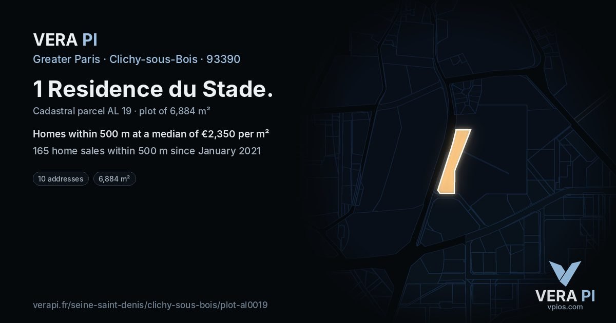 1 Residence du Stade, Clichy-sous-Bois at night – the plot lit, the parcels around coloured by the prices near them