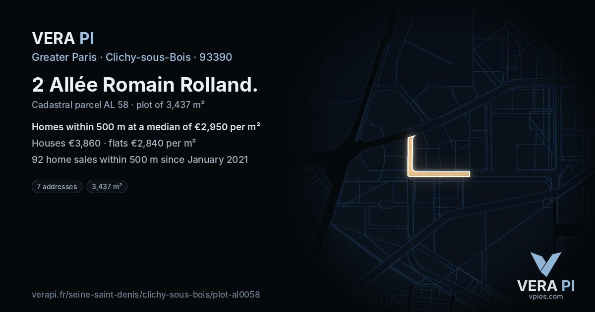 2 Allée Romain Rolland, Clichy-sous-Bois at night – the plot lit, the parcels around coloured by the prices near them