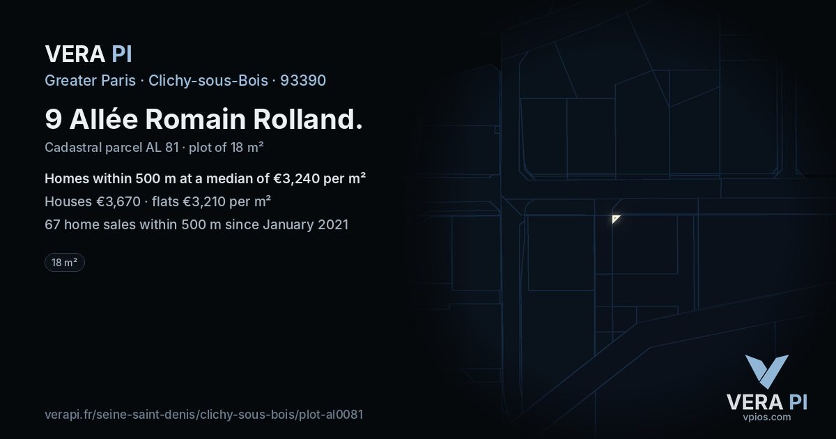 9 Allée Romain Rolland, Clichy-sous-Bois at night – the plot lit, the parcels around coloured by the prices near them