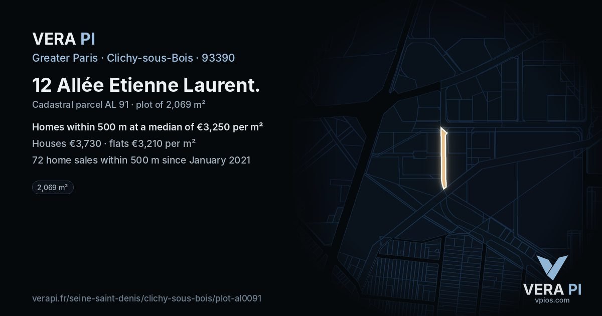 12 Allée Etienne Laurent, Clichy-sous-Bois at night – the plot lit, the parcels around coloured by the prices near them