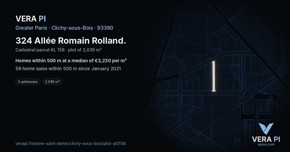 324 Allée Romain Rolland, Clichy-sous-Bois at night – the plot lit, the parcels around coloured by the prices near them
