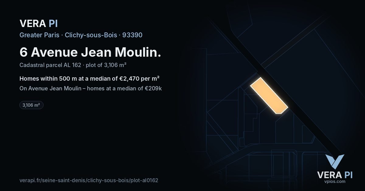 6 Avenue Jean Moulin, Clichy-sous-Bois at night – the plot lit, the parcels around coloured by the prices near them