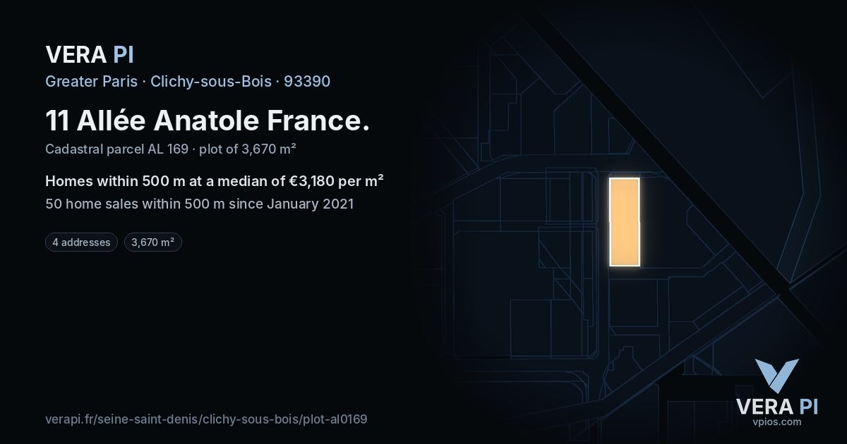 11 Allée Anatole France, Clichy-sous-Bois at night – the plot lit, the parcels around coloured by the prices near them