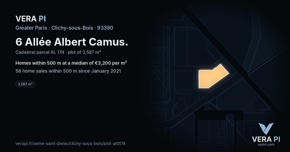 6 Allée Albert Camus, Clichy-sous-Bois at night – the plot lit, the parcels around coloured by the prices near them