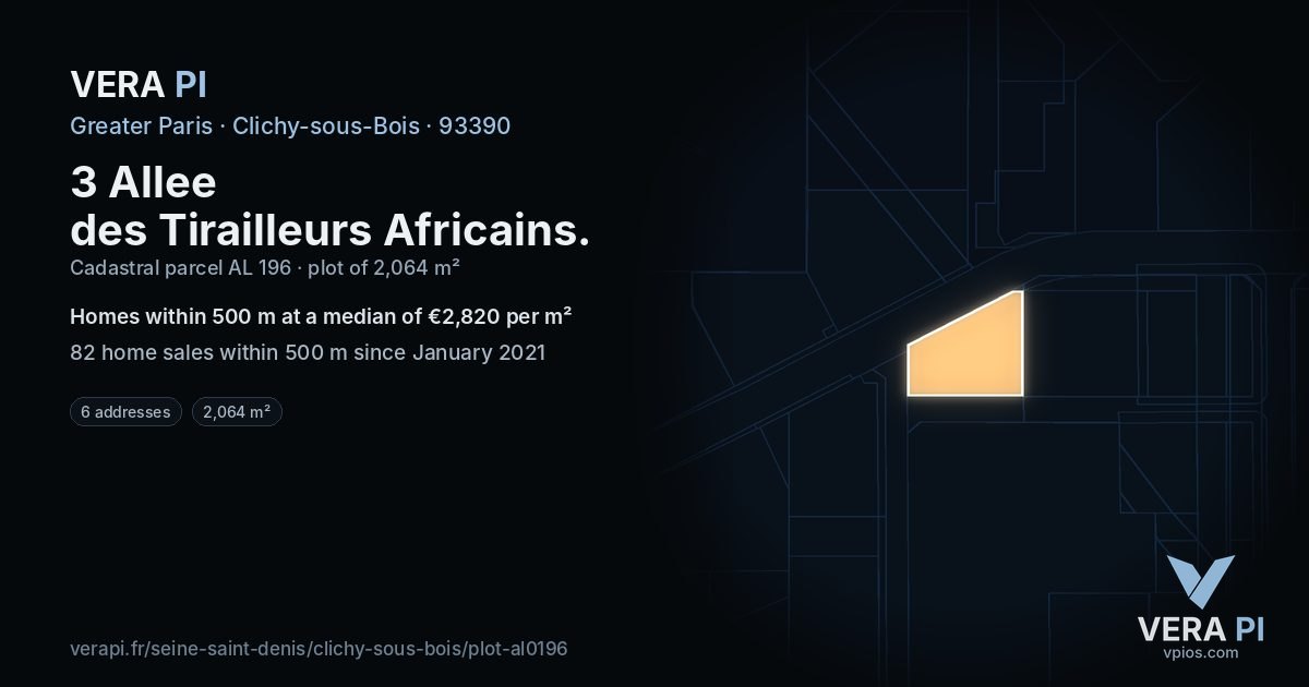3 Allee des Tirailleurs Africains, Clichy-sous-Bois at night – the plot lit, the parcels around coloured by the prices near them