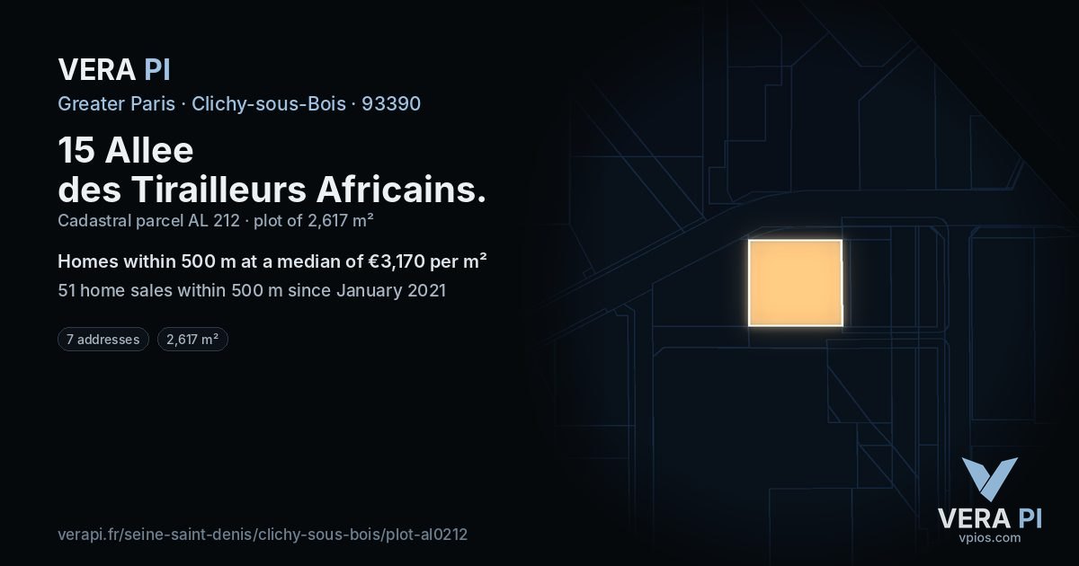 15 Allee des Tirailleurs Africains, Clichy-sous-Bois at night – the plot lit, the parcels around coloured by the prices near them