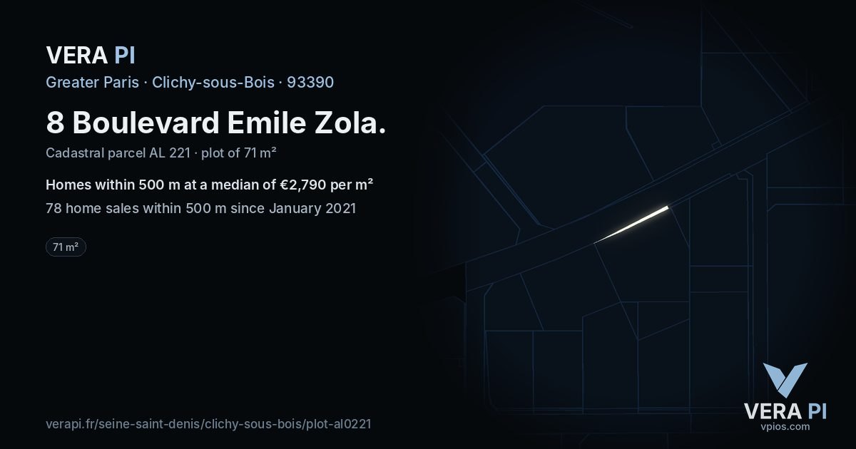 8 Boulevard Emile Zola, Clichy-sous-Bois at night – the plot lit, the parcels around coloured by the prices near them