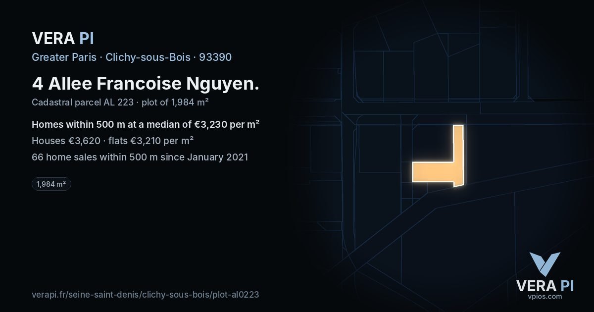 4 Allee Francoise Nguyen, Clichy-sous-Bois at night – the plot lit, the parcels around coloured by the prices near them