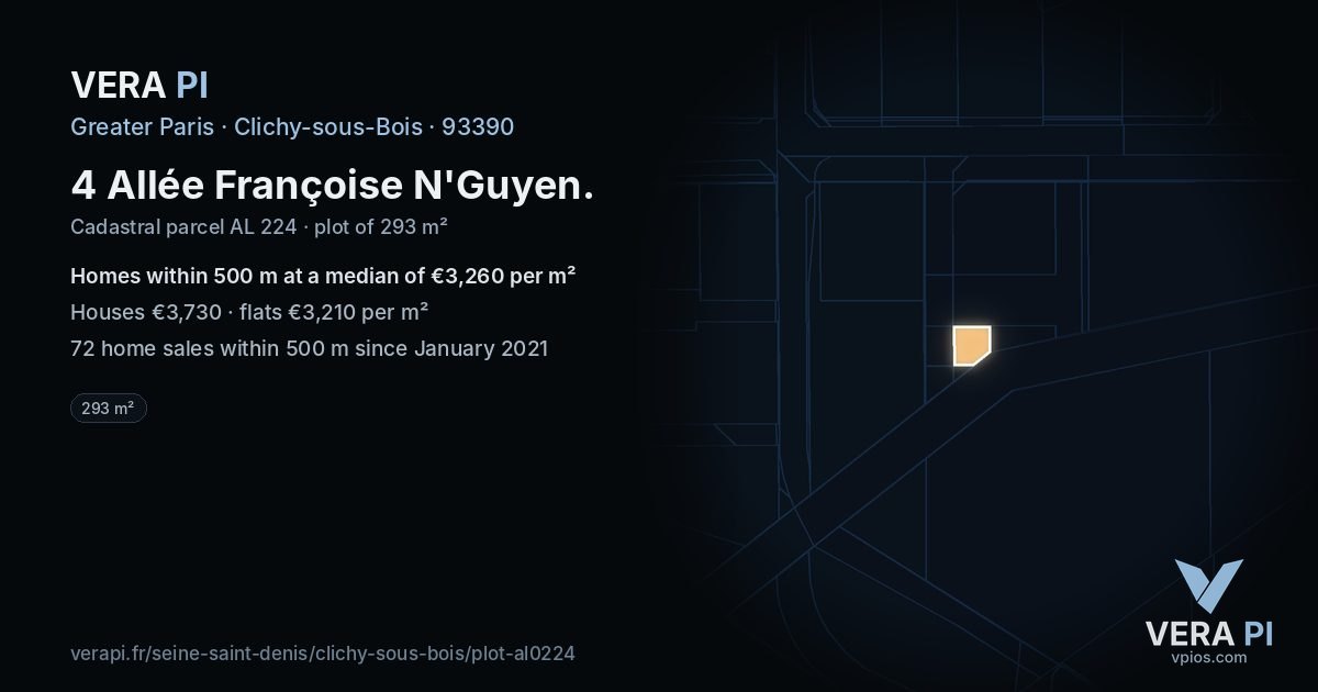 4 Allée Françoise N'Guyen, Clichy-sous-Bois at night – the plot lit, the parcels around coloured by the prices near them