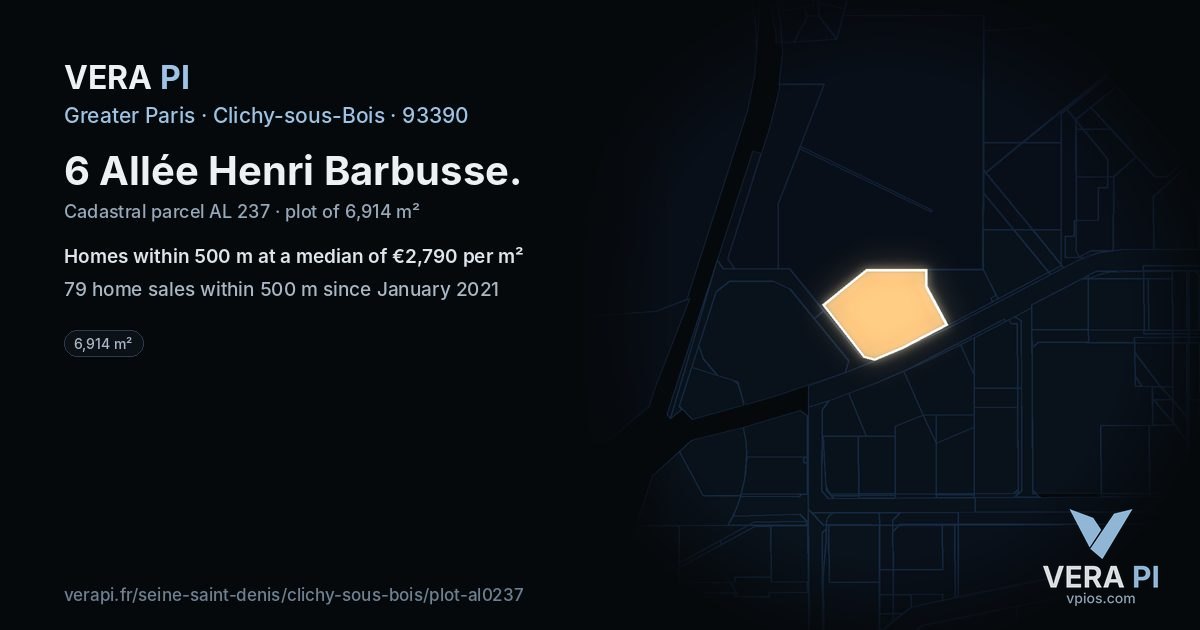 6 Allée Henri Barbusse, Clichy-sous-Bois at night – the plot lit, the parcels around coloured by the prices near them