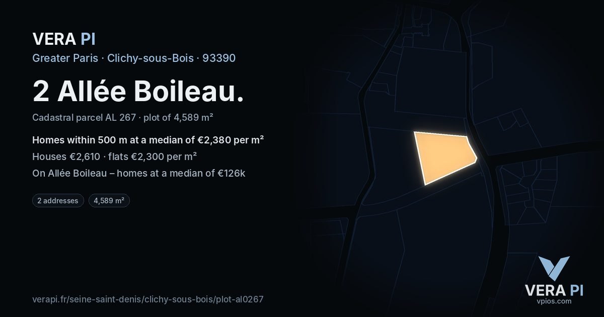 2 Allée Boileau, Clichy-sous-Bois at night – the plot lit, the parcels around coloured by the prices near them