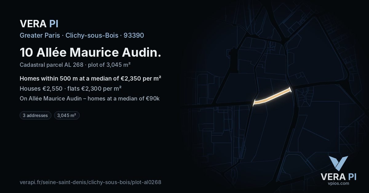 10 Allée Maurice Audin, Clichy-sous-Bois at night – the plot lit, the parcels around coloured by the prices near them