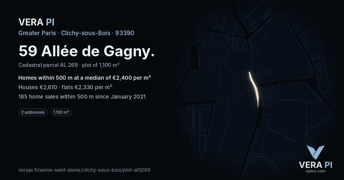 59 Allée de Gagny, Clichy-sous-Bois at night – the plot lit, the parcels around coloured by the prices near them