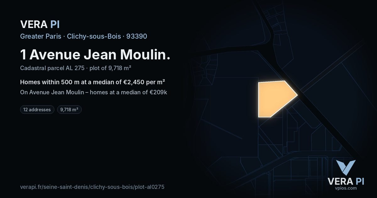 1 Avenue Jean Moulin, Clichy-sous-Bois at night – the plot lit, the parcels around coloured by the prices near them