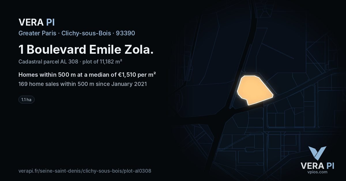 1 Boulevard Emile Zola, Clichy-sous-Bois at night – the plot lit, the parcels around coloured by the prices near them