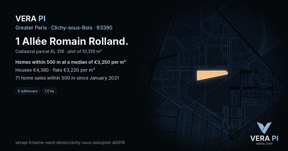 1 Allée Romain Rolland, Clichy-sous-Bois at night – the plot lit, the parcels around coloured by the prices near them
