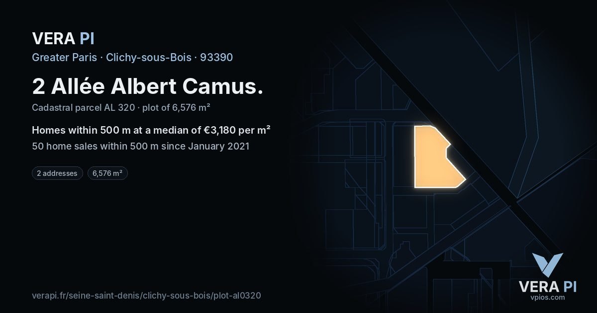 2 Allée Albert Camus, Clichy-sous-Bois at night – the plot lit, the parcels around coloured by the prices near them