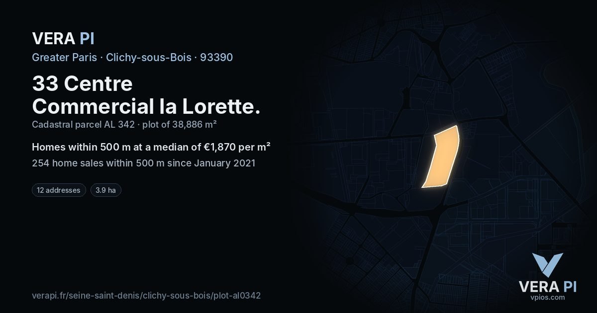 33 Centre Commercial la Lorette, Clichy-sous-Bois at night – the plot lit, the parcels around coloured by the prices near them