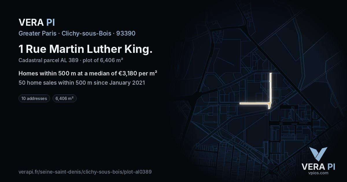 1 Rue Martin Luther King, Clichy-sous-Bois at night – the plot lit, the parcels around coloured by the prices near them