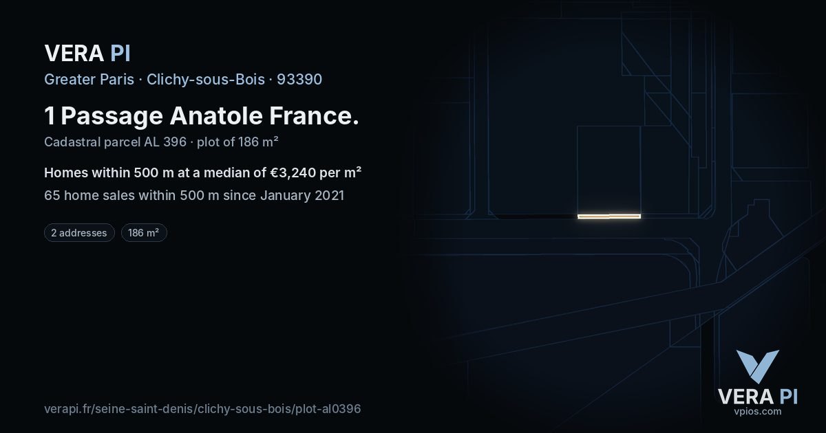 1 Passage Anatole France, Clichy-sous-Bois at night – the plot lit, the parcels around coloured by the prices near them