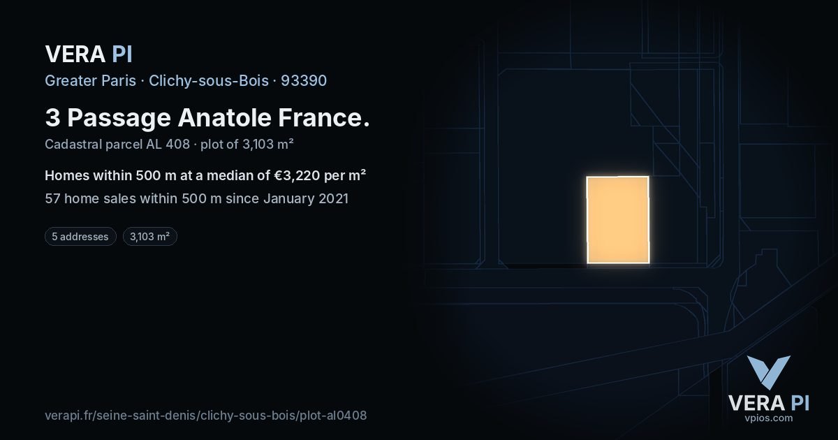 3 Passage Anatole France, Clichy-sous-Bois at night – the plot lit, the parcels around coloured by the prices near them