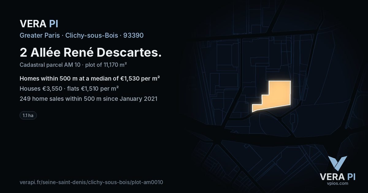 2 Allée René Descartes, Clichy-sous-Bois at night – the plot lit, the parcels around coloured by the prices near them